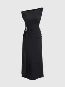 Sweetra Asymmetric Shoulder Metal Decor Fitted Waist Slit Hem Maxi Dress - Black - View 1