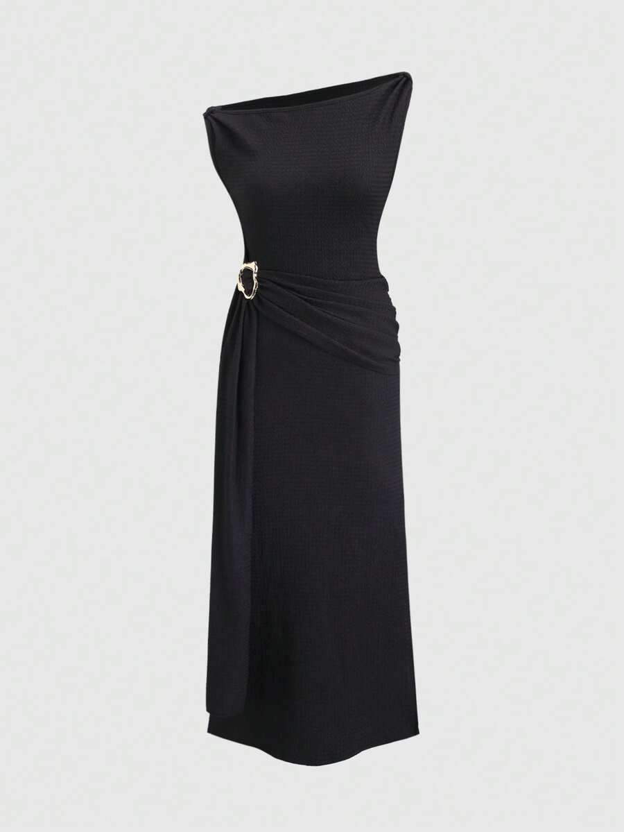 Sweetra Asymmetric Shoulder Metal Decor Fitted Waist Slit Hem Maxi Dress - Black - View 1