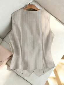 Franclia Women's Classy Beige Striped V-Neck Vest,Sleeveless Summer Business Casual Blazer,Lightweight Office Suit Jacket,Work Outfits For Commuting - Khaki - View 2
