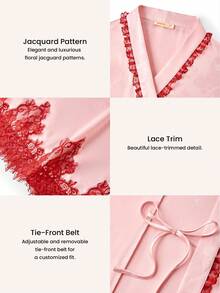 LUVLETTE Bridal Luxury Pink Satin Kimono Robe - Elegant Tie-Waist Nightgown With Red Lace Details Bridal Lounge Wear - Pink - View 3
