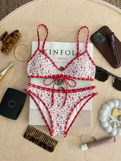 SHEIN MOD Women's Summer Vacation Beach Ditsy Floral Spaghetti Strap Bikini Set,Festival Outfits For Women,Spring/Summer Outfit, Beach Outfit, Holiday Outfits, 2pcs/Set, Suitable For Beach & Vacation, Cut Bikini,Beach Set