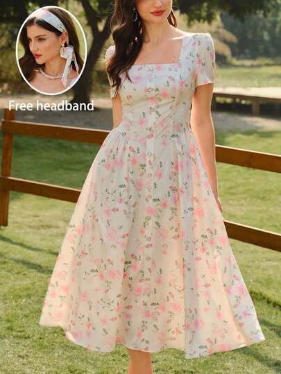 Vintamour Vestido ajustado con estampado floral vintage, elegante y clásico. Vestido floral con botones y bajo acampanado, de manga corta, para primavera/verano