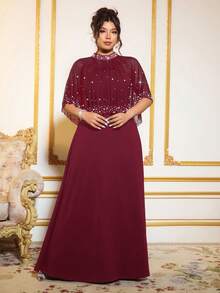 Cravure Bộ 2 món gồm đầm maxi ôm sát cơ thể thanh lịch dành cho nữ cỡ lớn, chất liệu lưới dệt kim, đính ngọc trai và đá quý ngẫu nhiên, kèm khăn choàng. - Màu Đỏ Sâu - Xem 6