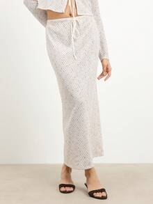 KSTM 女士针织长款半身裙，抽绳腰带，钩编纹理，米色/奶油色，休闲秋冬款 - 杏色 - 查看 3