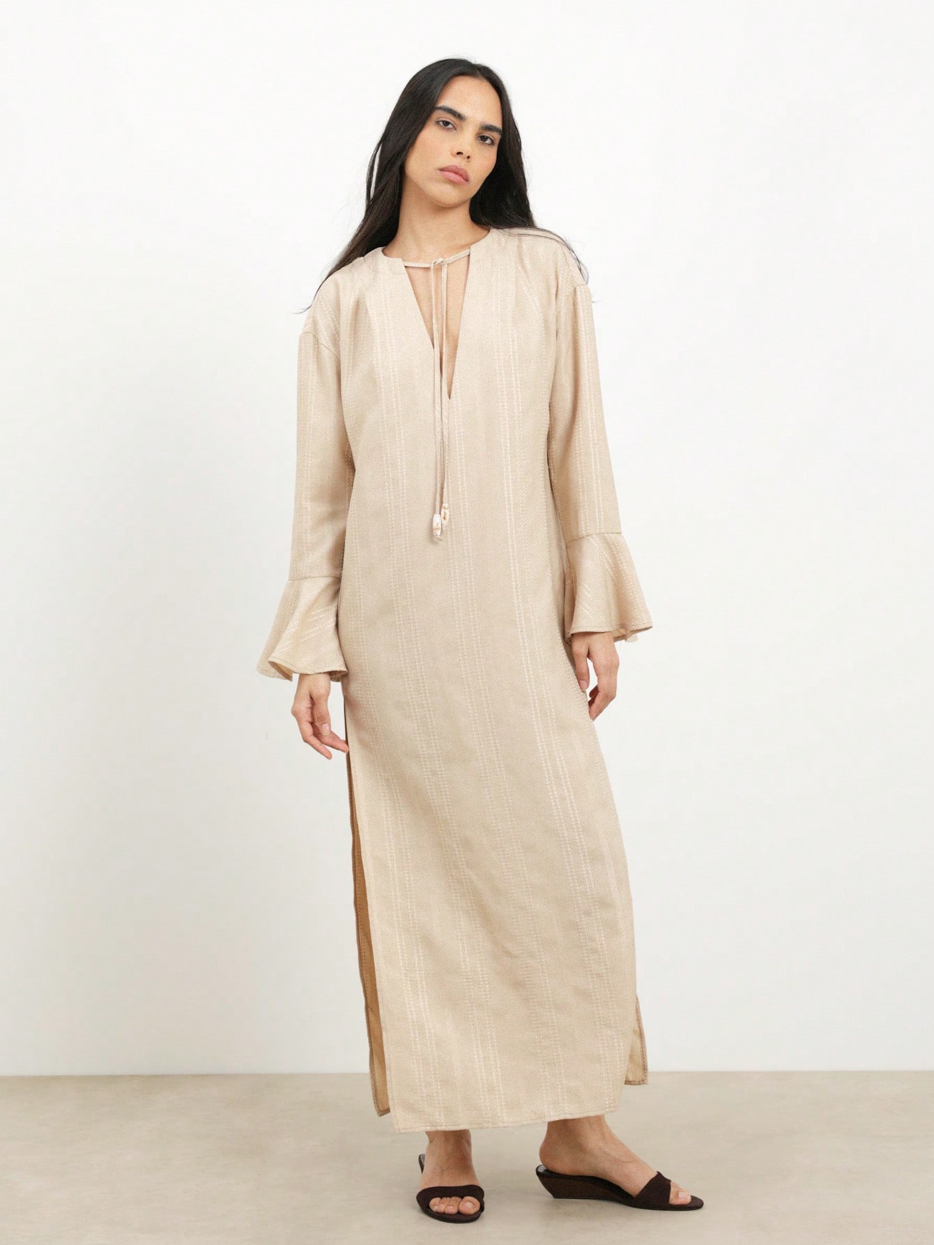 princess polly baby blue dress KSTM Women's Beige Linen Feel Caftan Maxi Dress With Flared Bell Sleeves  V-Neck Bohemian Summer Beach Resort Vacation Flowing Tie Detail Long Dress ｜MISSGUIDED