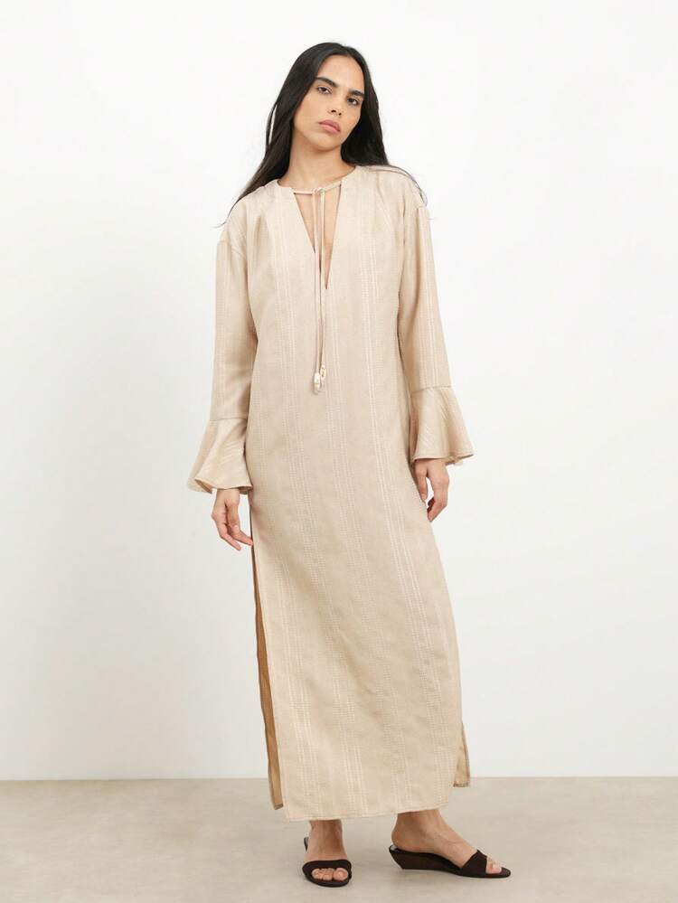 KSTM Women's Beige Linen Feel Caftan Maxi Dress With Flared Bell Sleeves V-Neck Bohemian Summer Beach Resort Vacation Flowing Tie Detail Long Dress