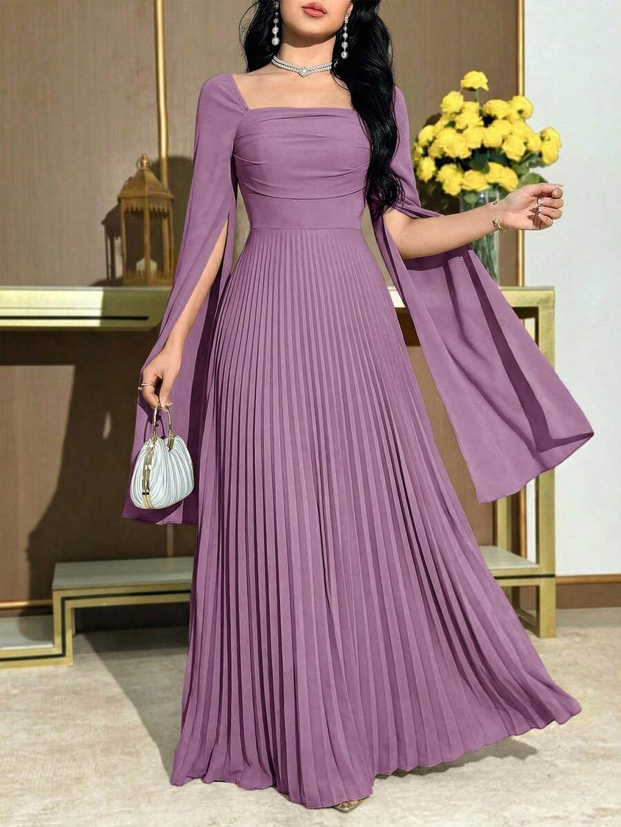 Modelyn Vestido de mujer de unicolor con cintura fruncida y abertura lateral, elegante para fiestas y eventos - Rosa vieja - Ver 1