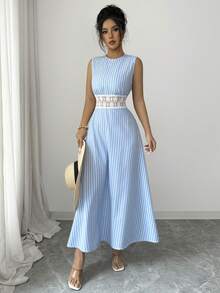 Elenzga Women's Spring/Summer New Hollow-Out Lace Crochet Splice Vertical Striped French Elegant Evening Party Casual Vacation Blue & White Sleeveless Dress - Blue and White - View 7