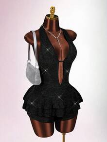 Amplova Bộ jumpsuit nữ màu hồng bóng bẩy, gợi cảm và phá cách, thích hợp cho buổi hẹn hò ngày Valentine, cổ yếm, hở lưng, khoét rỗng phía trước và giữa, vạt áo bất đối xứng. - màu đen - Xem 6