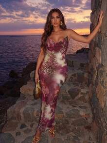 SHEIN Allurite 网纱印花长裙，度假风连衣裙，半透明珍珠吊带连衣裙，高开衩露背连衣裙 - 彩色 - 查看 3