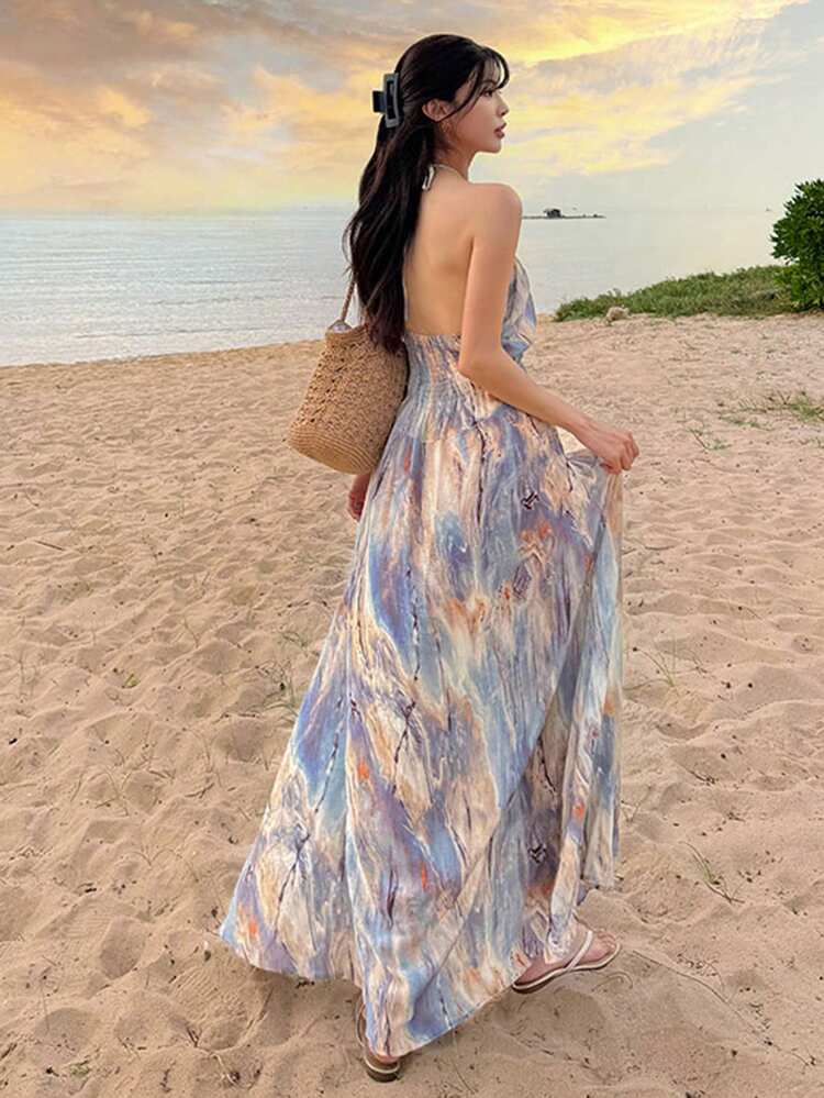Women's Vacation Casual Tie-Dye Print Backless Dress Summer Sun Dresses For Women