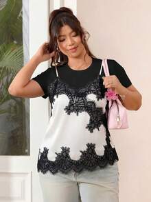 SHEIN EZwear 2026春夏新款休闲吊带背心，适合外出、日常、派对、约会、生日、音乐节、通勤、居家穿着，缎面拼接蕾丝，丝滑柔软，宽松版型，黑色，大码 - 白色 - 查看 1
