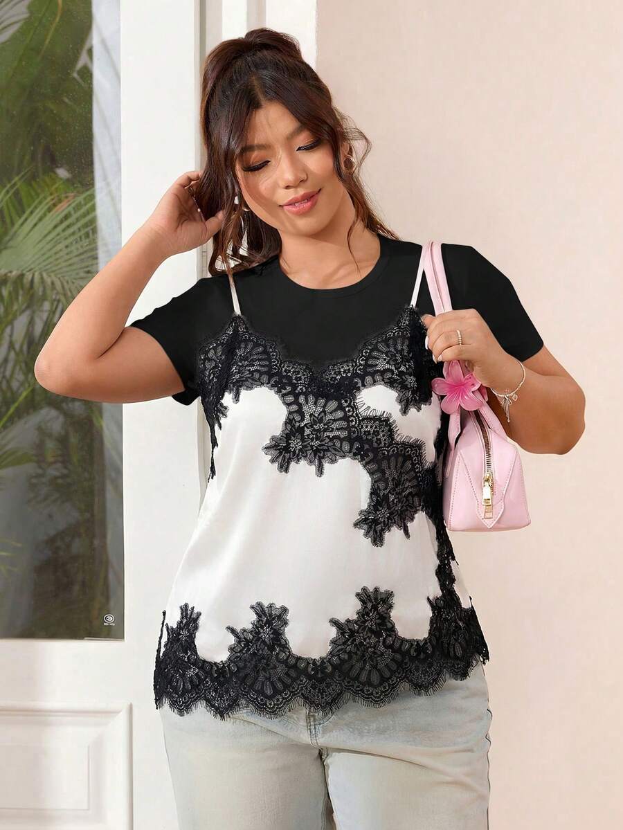 SHEIN EZwear 2026春夏新款休闲吊带背心,适合外出、日常、派对、约会、生日、音乐节、通勤、居家穿着,缎面拼接蕾丝,丝滑柔软,宽松版型,黑色,大码 - 白色 - 查看 1
