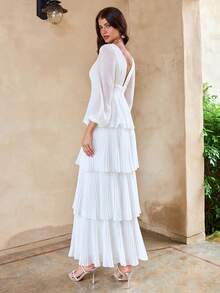 Enchnt 女式春夏深 V 领灯笼袖层叠荷叶边下摆连衣裙 - 白色 - 查看 7