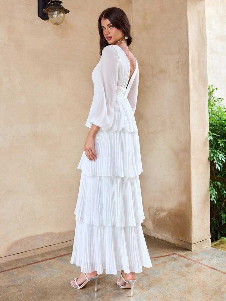 Vestido com Decote em V Profundo, Manga Balão e Bainha Franzida com Camadas para Mulheres na Primavera e Verão