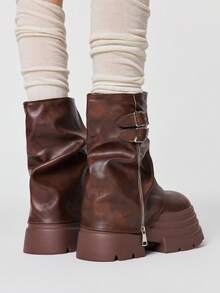 ROMWE Grunge Punk Botas de mujer estilo rock oscuro, punk, gótico, con puntera puntiaguda, botas de tobillo con cuña, suela gruesa, hebilla y correa, botas de montar de tobillo - Marrón - Ver 5