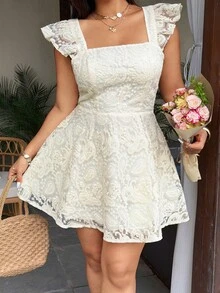 Sunnyshic 大码女士优雅纯色提花方领泡泡袖收腰A字休闲日常连衣裙 - 杏色 - 查看 5