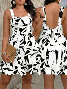 EMERY ROSE Plus Size Women Vacation Plus Size Floral Print Bow Tie Waist Dress - Black and White - View 1