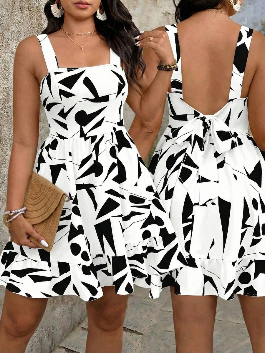 EMERY ROSE Plus Size Women Vacation Plus Size Floral Print Bow Tie Waist Dress - Black and White - View 1