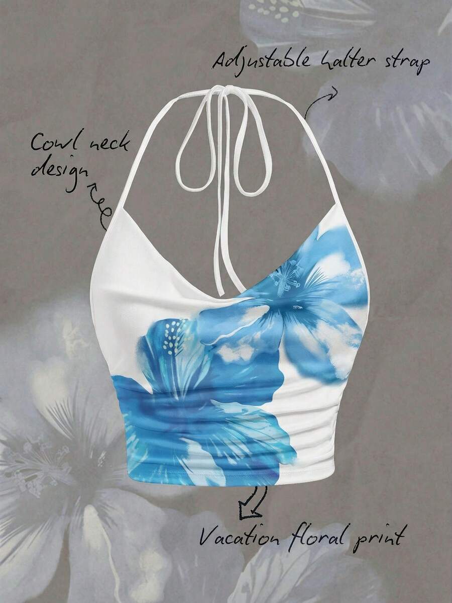 SHEIN EZwear 休闲简约系带开衩领修身百搭印花上衣 - 彩色 - 查看 1