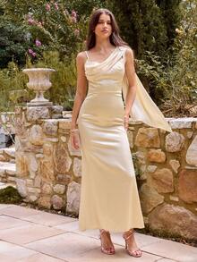 Enchnt Đầm maxi nữ màu trơn xếp ly, cổ lệch vai, ôm sát, không tay, thanh lịch. - Vàng nhạt - Xem 3