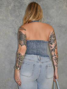 Arliah 女士 Y2K 复古运动芭蕾风图案刺绣抽绳低腰性感露脐牛仔上衣 - 淺藍色 - 查看 2