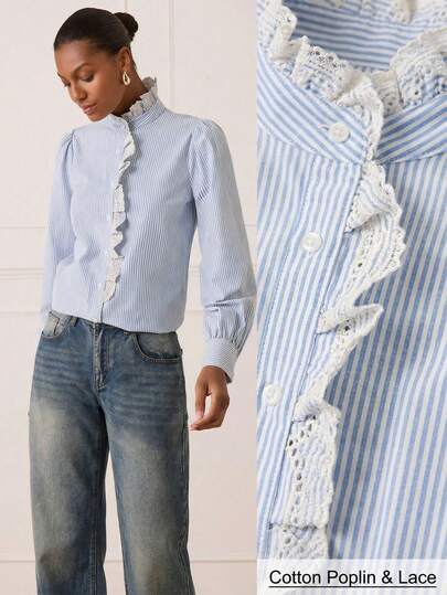 Lilora Damblus i vintage-stil med randig tryck och broderad blommig lyktaärm, lämplig för vår och höst