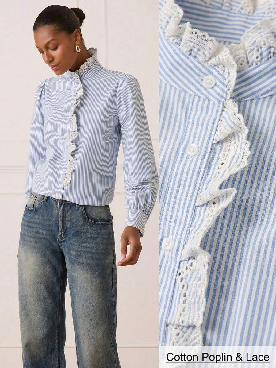 Lilora 女士复古优雅条纹印花刺绣花卉灯笼袖衬衫，适合春秋季穿着