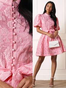 Lilora 优雅甜美时尚提花纯粉色领口纽扣腰带蝴蝶结喇叭下摆短袖连衣裙，适合休闲、约会、轻度社交场合，女士 - 粉色 - 查看 1