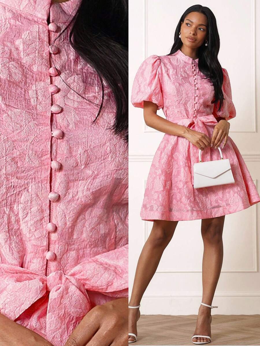 Lilora 优雅甜美时尚提花纯粉色领口纽扣腰带蝴蝶结喇叭下摆短袖连衣裙，适合休闲、约会、轻度社交场合，女士 - 粉色 - 查看 1