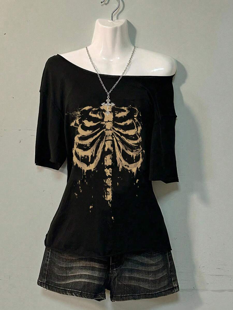 Attitoon Casual Minimalist Skull Graphic Dropped Shoulder Women T-Shirt, Suitable For Summer Off The Shoulder Top Back To School - Black - View 1