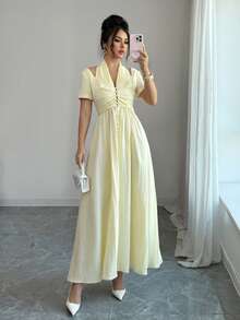 Elenzga 优雅无袖单排扣收腰喇叭连衣裙（女款） - 淡黃色 - 查看 6