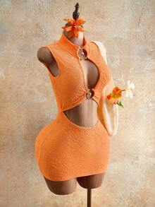 Mistrie 女士性感镂空无袖紧身迷你连衣裙，夏季 - 亮橙色 - 查看 6