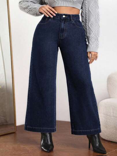 SHEIN CURVE+ Plus Size Women Pocketed Button Fly Casual Versatile Daily Wear Wide Leg Jeans