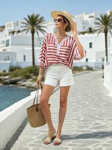 Balvessa Women's Casual Striped Notched Neck Loose Blouse For Summer/Vacation - Multicolor - View 3