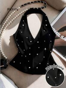 GlowEve Petite Áo hai dây nữ thanh lịch, sang trọng, phù hợp đi làm và dự tiệc, màu trơn, đính đá lấp lánh, cổ chữ V, hở lưng, ôm sát. - màu đen - Xem 1