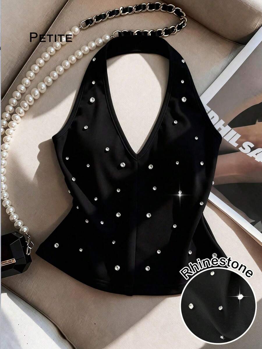 GlowEve Petite Áo hai dây nữ thanh lịch, sang trọng, phù hợp đi làm và dự tiệc, màu trơn, đính đá lấp lánh, cổ chữ V, hở lưng, ôm sát. - màu đen - Xem 1