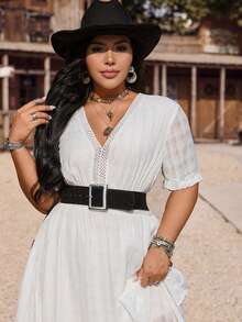 LanaWest CURVE Fashionable White Chiffon Maxi Dress With Lace Detailing And An Elastic Waist, Perfect For Spring And Summer. - White - View 6
