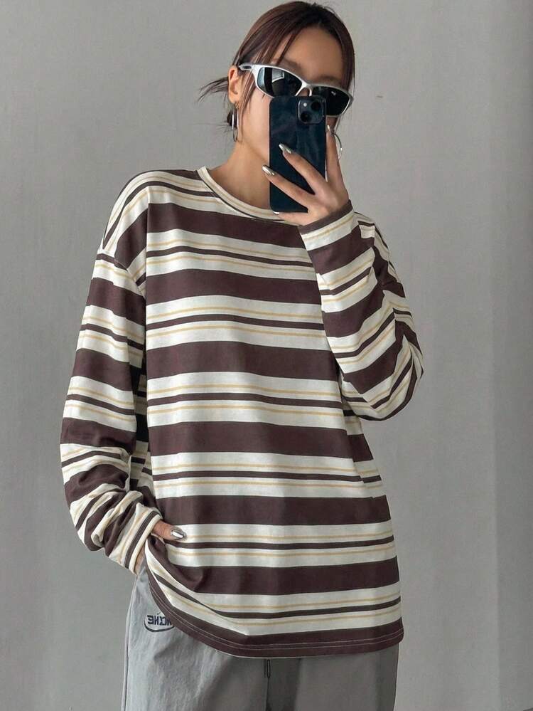 Women's Striped Loose Long Sleeve Round Neck Long T-Shirt, Summer Oversized