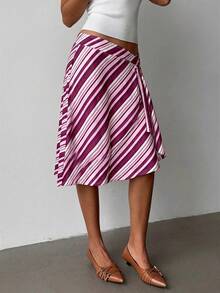 Aloruh 女士时尚优雅黄色条纹不对称超低腰条纹斜纹及膝修身喇叭裙，适合度假和日常穿着 - 彩色 - 查看 6