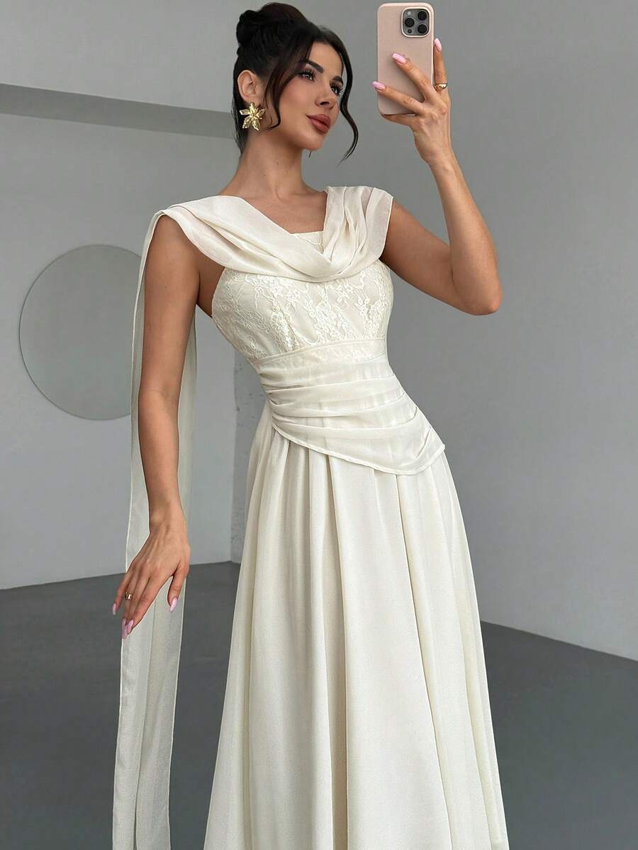 Firerie 女士优雅高端休闲日常通勤百搭蕾丝拼接飘逸长裙 - 淡黃色 - 查看 1