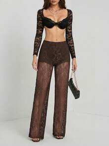 SHEIN Tall Women's Solid Color Lace Sheer Long Pants - Brown - View 5