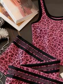 Resyla Women's Casual Chic Street Leopard Print Ringer Tank Top & Contrast Striped Side Pants 2 Pieces Set - Multicolor - View 3