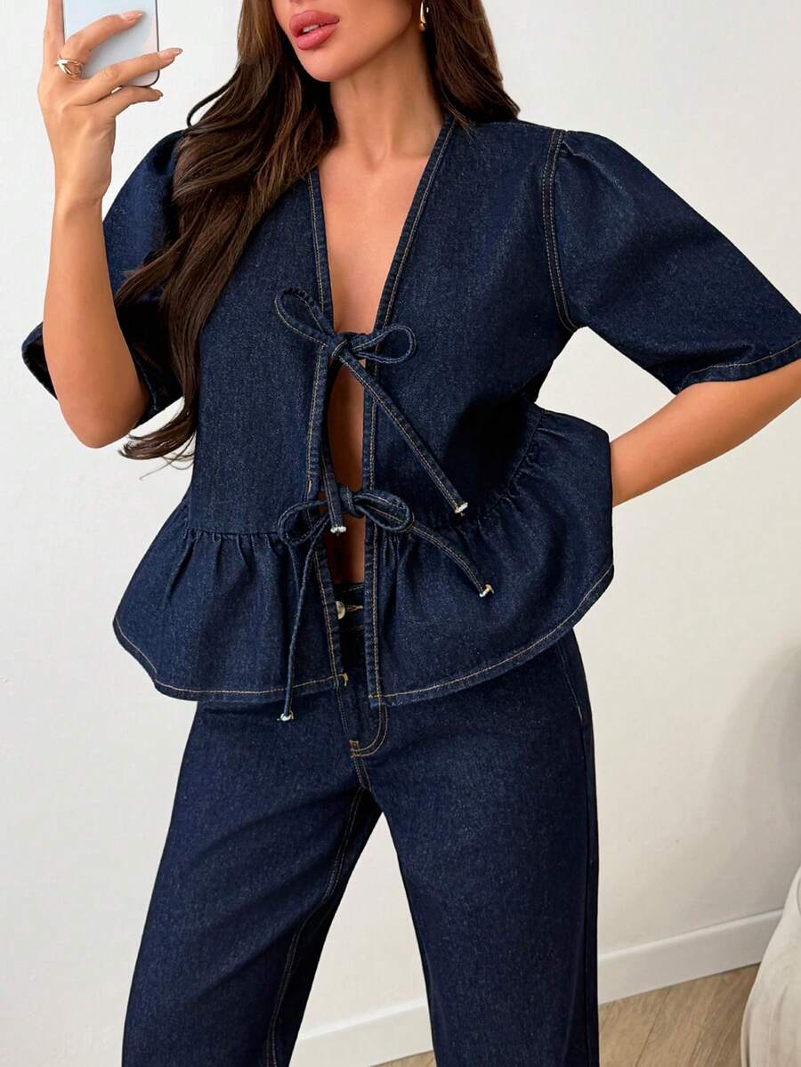 EURMUSE Top & Straight Jean Two Pieces Denim Set - Dark Wash - View 1