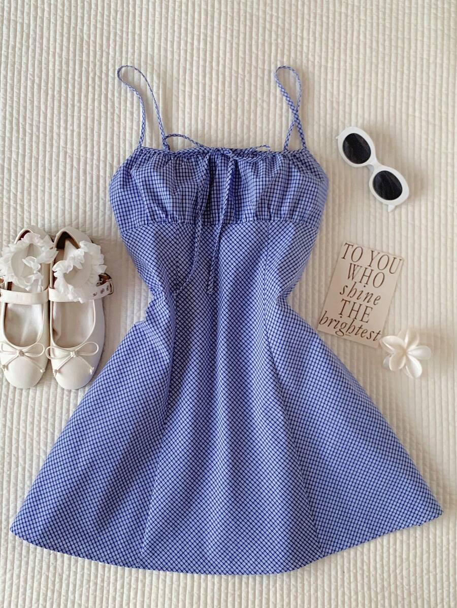 Comfortcana 2026 New Arrival Spring/Summer Women's Casual Plaid Strap Mini Dress, Summer Blue Gingham Dress Blue Sundress Cute Dress Easter Dress Women  Vacation Outfits Women - Blue - View 1