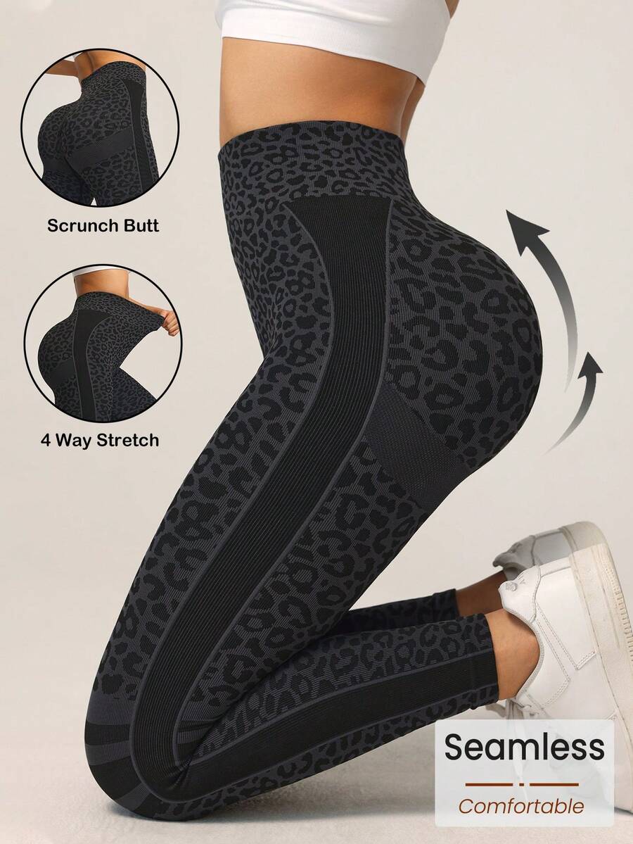 Dewbera Leopard Print High Waist Tight Yoga Leggings - Black - View 1