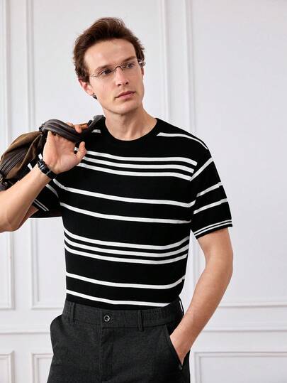 Officeau ALTZTAR Striped Knit Crew Neck Short Sleeve T-Shirt, Casual Business Slim Fit Breathable Summer Tee For Men