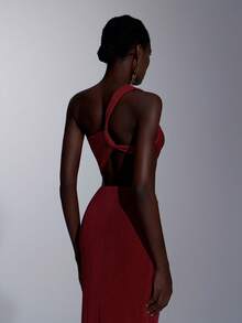 Elitara Elegant Luxury Cream Satin One-Shoulder Eyelash Collar Ruched Waist Splice Fishtail Hem Dress, Suitable For Festivals, Weddings, Galas, Concerts, Business Events, Influencer Activities (Adult) - Red - View 8