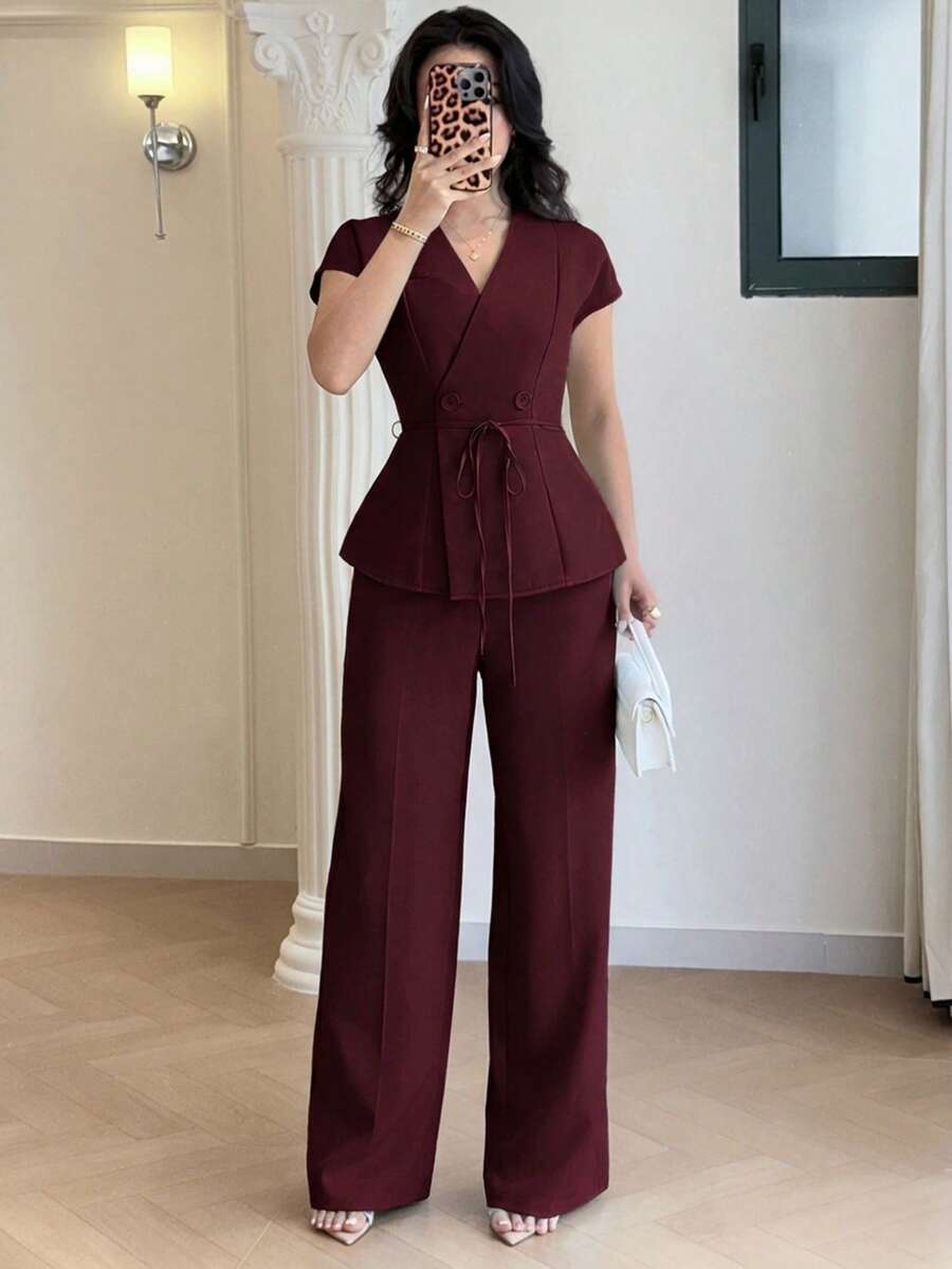 Modelyn Bộ vest công sở kiểu Hàn Quốc mới, tay ngắn, thắt eo, thanh lịch, đa năng, phù hợp cho cả đi làm và mặc thường ngày - Màu Đỏ Sâu - Xem 1