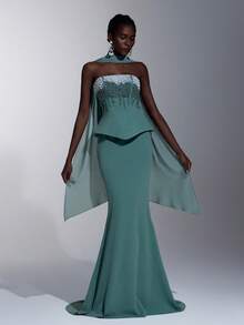 Elitara 优雅绿色高弹亮面针织无肩带领口奢华手工串珠水钻高腰修身鱼尾长裙，配可拆卸披肩，适合约会、度假、单身派对、婚礼、返校舞会、女士晚礼服 - 綠色 - 查看 1